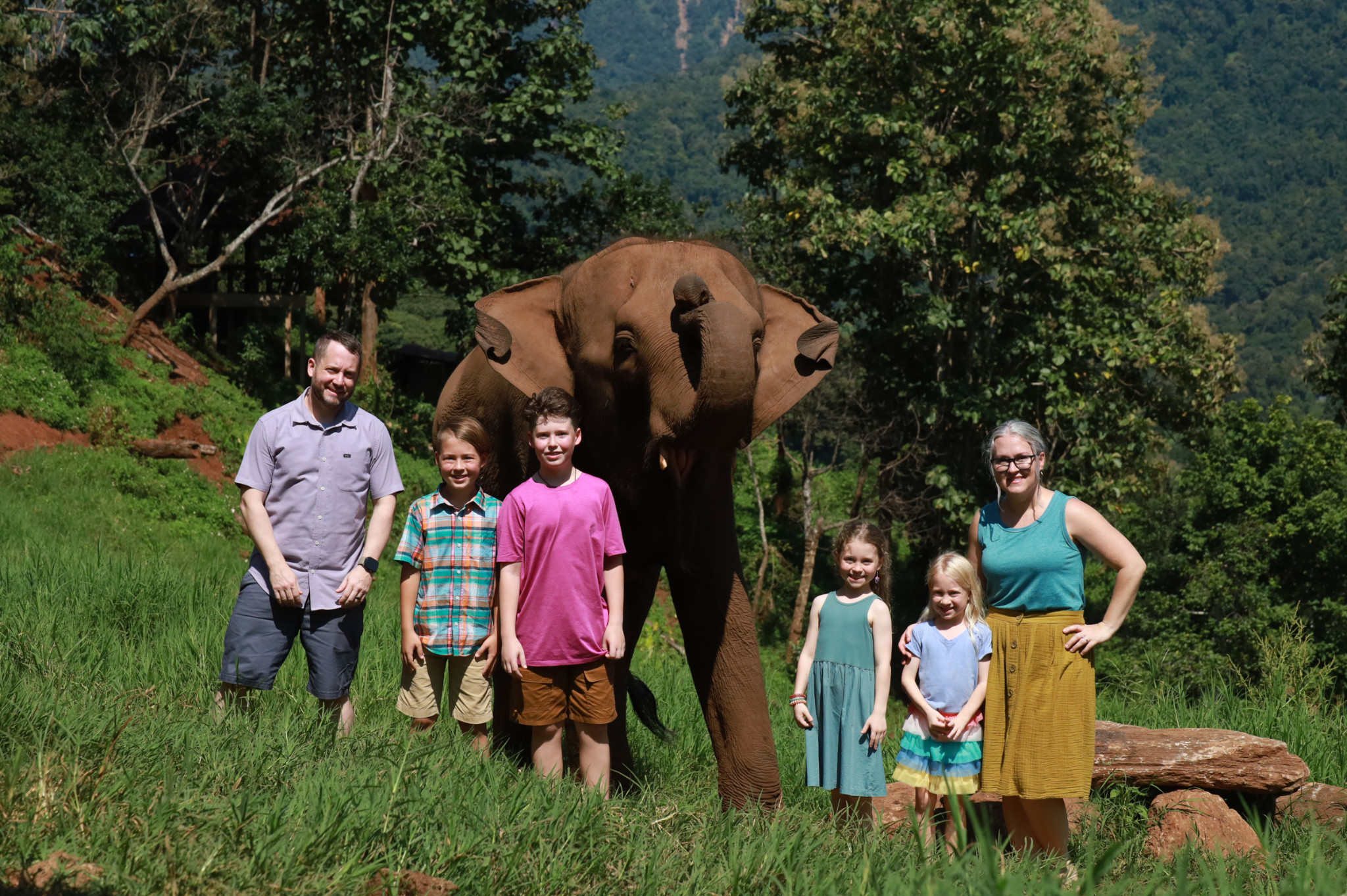 The Derington family together with an elephant